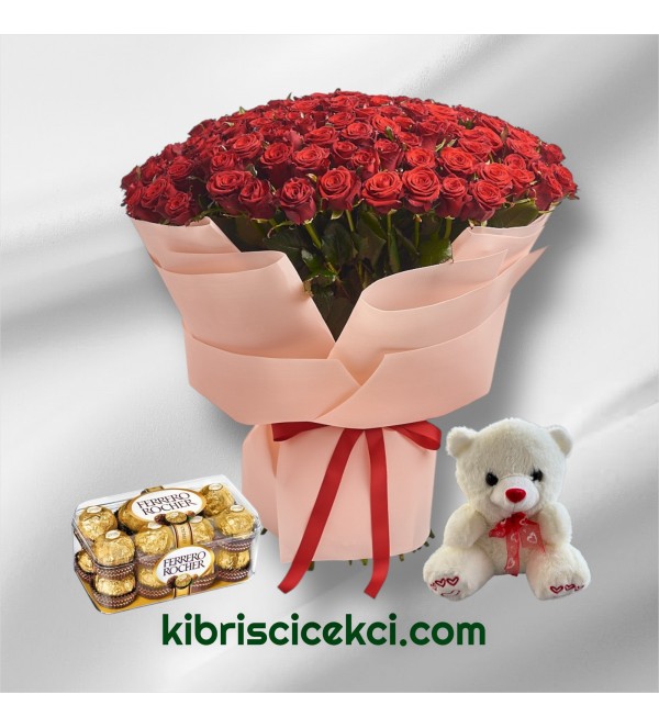 151 Kırmızı Gül Buketi 16'lı Ferrero Çikolata ve Ayıcık